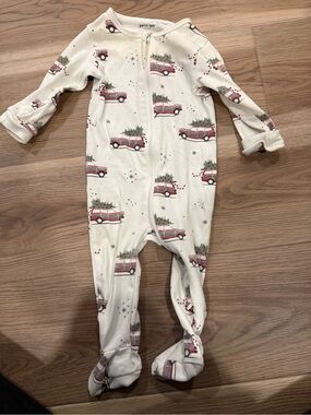 Petit Lem Cream Footed One-Piece with Red Truck and Green Tree Print